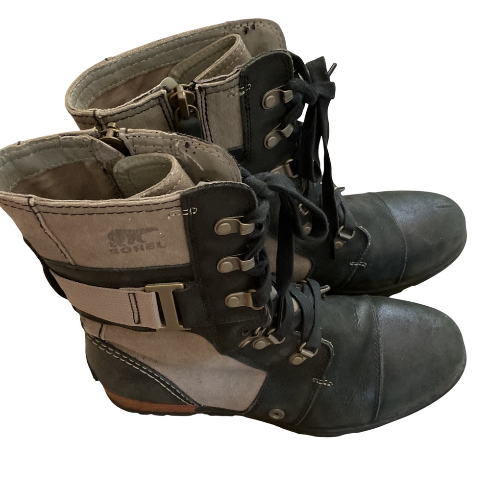 Sorel Women's Black and Tan Lace-Up Combat Boots